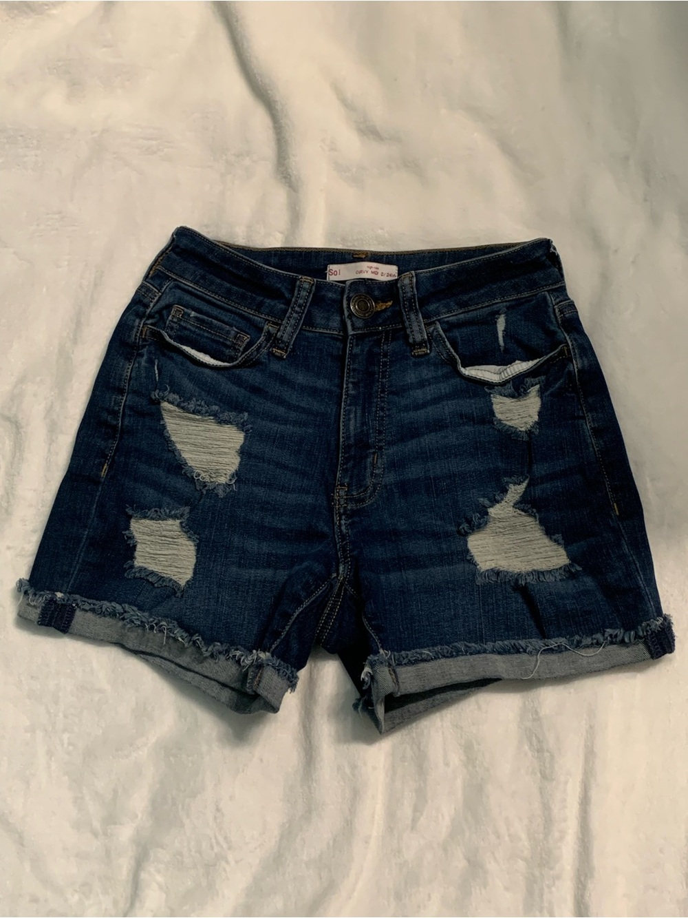 SO Dark Blue Distressed Rolled-Hem Jean Shorts